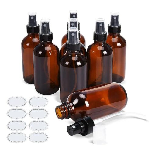 ULG Fine Mist Sprayers 4 oz Amber Boston Bound Glass Bottles 8 Pieces Empty Spray Atomizer Aromatherapy Cosmetic Sprays Including Waterproof DIY Labels