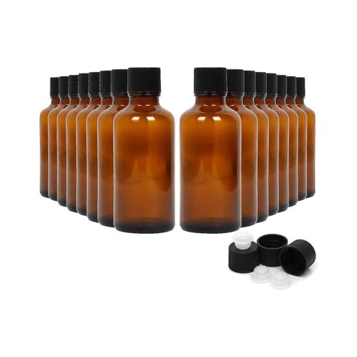 Youngever 16 Pack Amber Glass Bottles with Lids, Refillable Container for Essential Oils, Vanilla Extract and more ( 2 Ounce )