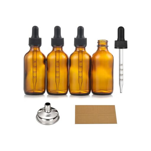 4 Pack 2 oz Glass Dropper Bottles with Measured Dropper - 60ml Dark Amber Tincture Bottles with Graduated Calibrated Glass Eye Droppers ( 1ml ) for Essential Oils, Liquids - Leakproof Travel Bottles