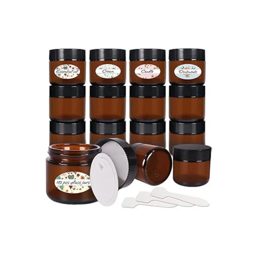 Keketin 2 oz Amber Glass Jars,15 Pack Empty Cosmetic Containers with Inner Liners and Black Lids, Refillable Round Cream Jars for Lotion, Ointments, Bath Salts, Makeup, Slime and Travel