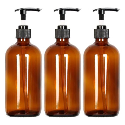 Youngever 3 Pack Empty Amber Glass Pump Bottles, 3 Pack 16 Ounce Pump Bottles, Soap Dispenser, Refillable Containers