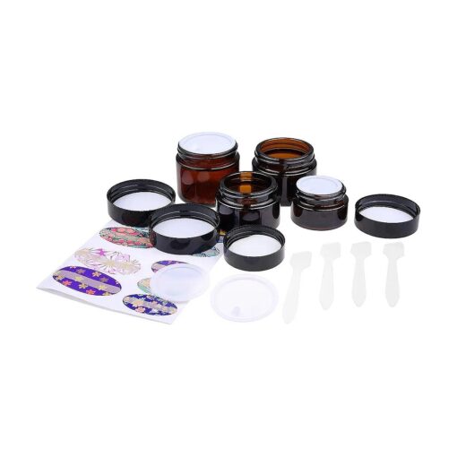 Refillable Cosmetics Jars Kit - 4x Cosmetics Jars ( Amber Glass ), 4x Lids, 4x Inner Covers, 39x Labels + 4x Mini Spatula for Easy Filling - For Creams, Essential Oils, Powders, etc .