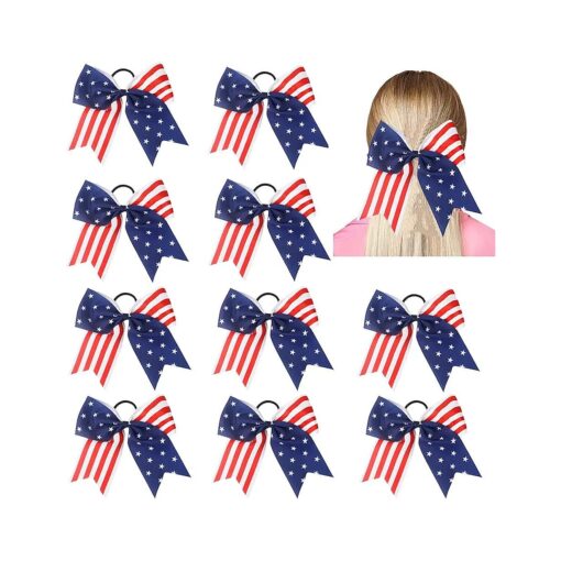 American USA Flag Cheer Bows for Girls, Red White and Blue Patriotic Flag Festival Hair Bow With Elastic Band Hair Accessories