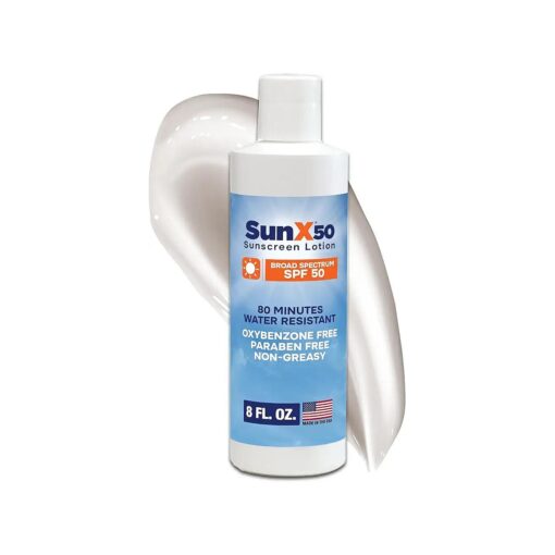 Sun X 50 SPF Oil Free Sunscreen Lotion ( 8oz, Bottle ) - Free of Parabens, Oxybenzone, & White Cast Properties With Broad Spectrum ( UVA/UVB ) Protection - Water & Sweat Resistant For Up To 80 Minutes