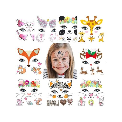 Animal Temporary Face Tattoo Sticker Set for Kids Adults, Water Transfer Butterfly Panda Deer Giraffe Fairy Floral Festival Body Paint Makeup Decoration Stickers for Halloween Multi-colored