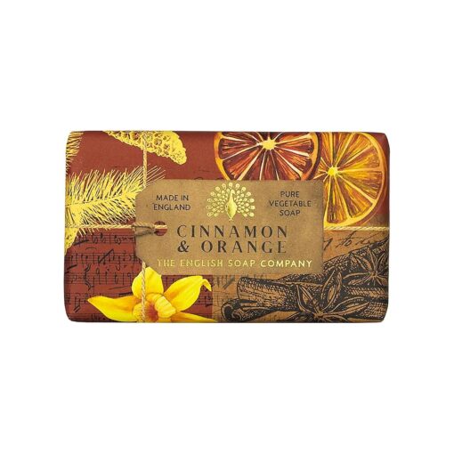 The English Soap Company Anniversary Wrapped Soap Bar, Luxury Cinnamon Shea Butter Soap Bar, Moisturising Soap Bar for Face and Body, Cinnamon and Orange Scent 190g