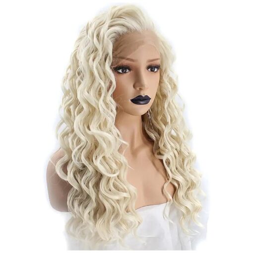 Anogol Hair Cap+ Platinum Blonde Lace Front Wig Long Curly Blonde Wig for Women 613 Blonde Hair Wigs Long Blonde Curly Wavy Wig with Natural Hairline Synthetic Hair for Women Daily Life Party Wig