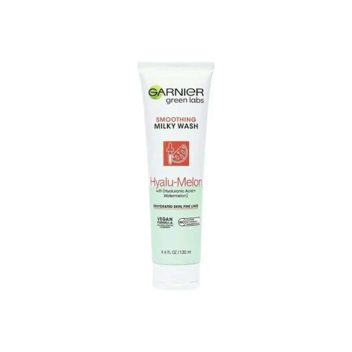 Garnier SkinActive Green Labs Hyalu-Melon Smoothing Milky Washable Cleanser with Hyaluronic Acid + Watermelon for Dehydrated Skin, Fine Lines, ( Packaging May Vary ), 4.4 FL Oz