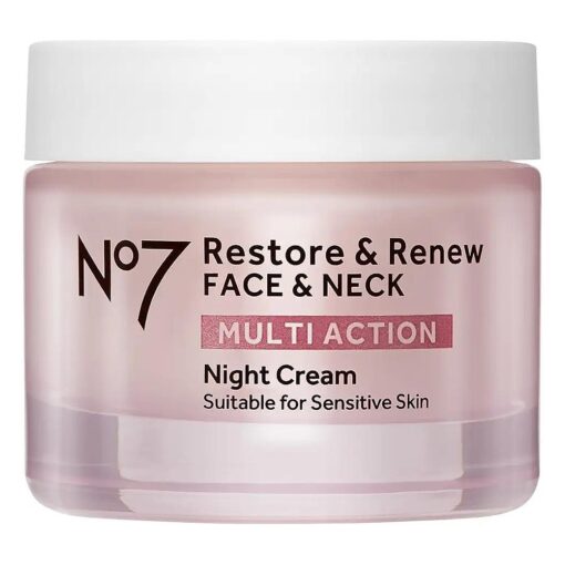 No7 Restore & Renew Multi Action Face & Neck Night Cream - Collagen Peptide Anti Aging Face Cream - Hydrating Hyaluronic Acid Night Cream - Shea Butter + Vitamin E Skin Firming Night Cream ( 50ml )