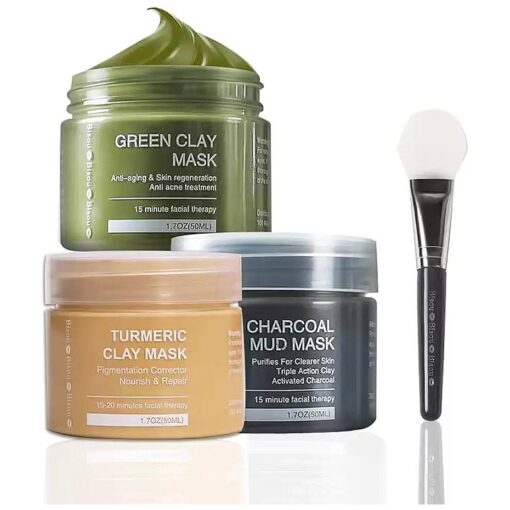 Turmeric Clay, Dead Sea Mud & Charcoal Gel Face Mask Trio With Applicator, Deep cleansing Clay and Mask Applicator, Facial Therapy PH Balanced Hypo-allergenic ( 3 Sets Mud Mask )