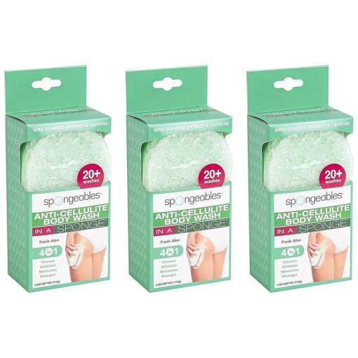 Spongeables Anti Cellulite Body Wash in a 20+ Wash Sponge, Fresh Aloe, 3 Count