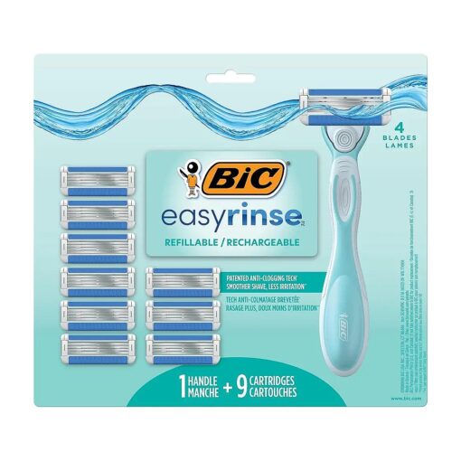 BIC EasyRinse Anti-Clogging, Refillable Women 's Razors With 4 Blades, 1 Handle and 9 Refill Razor Cartridges Razor Kit