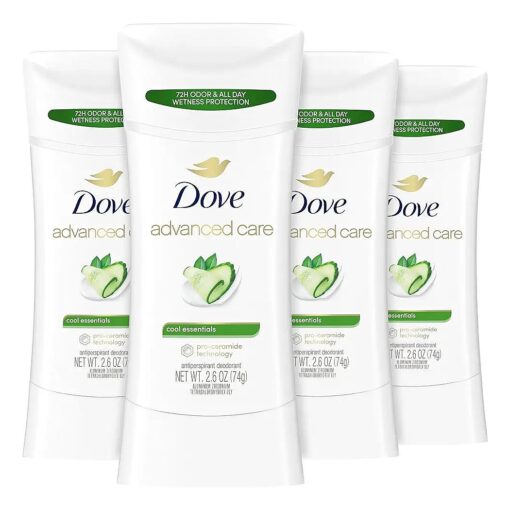 Dove Advanced Care Antiperspirant Deodorant Stick Cool Essentials 4 ct for helping your skin barrier repair after shaving 72 hour odor control and sweat protection with Pro Ceramide Technology 2.6 oz