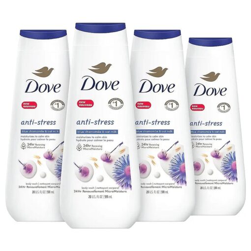 Dove Body Wash Anti-Stress Blue Chamomile & Oat Milk 4 Count for Renewed, Healthy-Looking Skin Moisturizing Gentle Skin Cleanser with 24hr Renewing MicroMoisture 20 oz