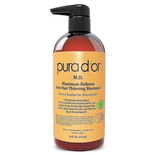 PURA D'OR MD Anti-Hair Thinning Shampoo w/ 0.5 % Coal Tar, Biotin Shampoo ( 16oz ) 19+ DHT Herbal Blend for Dry & Itchy Scalp, No Sulfates, For Men & Women ( Packaging Varies )