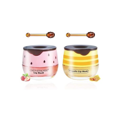 2PCS Honey Balm & Strawberry Lip Balm, Honey Lip Balm, Lip Masks for Dry and Cracked Lips with Brush, Lip Exfoliator & Moisturizer, Reduces Lips Lines & Lightens Lips, Anti-Wrinkle, Aging