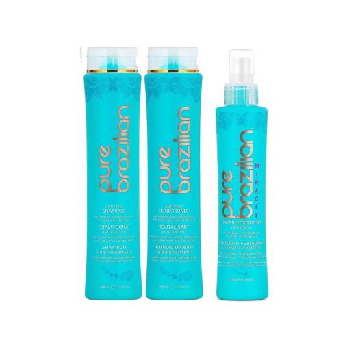 Pure Brazilian - 3 Piece Daily Essentials Kit - Anti Frizz Shampoo, Conditioner, And Miracle Leave-In Conditioner- With Keratin, Cocoa Butter, and Bulgarian Rose Water