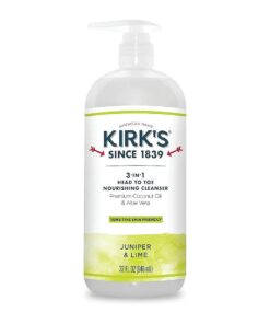 Kirk 's 3-in-1 Castile Liquid Soap Head-to-Toe Clean Shampoo, Face Soap & Body Wash for Men, Women & Children | Coconut Oil + Aloe Vera | Juniper & Lime Scent | 32 Fl Oz, Pump Bottle