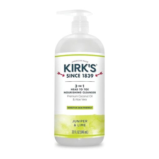 Kirk 's 3-in-1 Castile Liquid Soap Head-to-Toe Clean Shampoo, Face Soap & Body Wash for Men, Women & Children | Coconut Oil + Aloe Vera | Juniper & Lime Scent | 32 Fl Oz, Pump Bottle