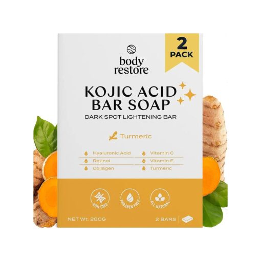 Body Restore Kojic Acid Soap, ( Turmeric 2 Pack ), Fathers Day Dad Gifts, with Vitamin C, E, Shea Butter, Collagen, Hyaluronic Acid, Turmeric, Retinol For Dark Spots, All Natural Soap Bar, Paraben Free