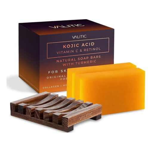 VALITIC Kojic Acid Vitamin C and Retinol Soap Bars with Turmeric for Dark Spot - Original Japanese Complex with Collagen, Hyaluronic Acid, Vitamin E ( 2-Pack ) - with Soap Holder