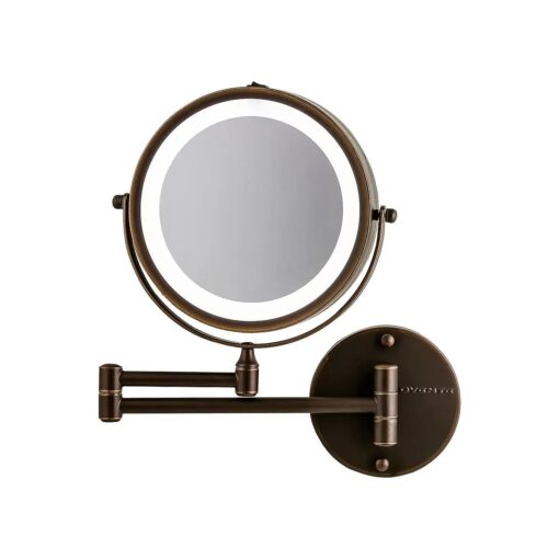 OVENTE 7" Lighted Wall Mount Makeup Mirror - 1X/ 7X Magnification, Battery Powered Glow Cosmetic Light up, Spinning 360-Degree, Double Sided LED, Extendable & Folding Arm, Antique Bronze MFW70ABZ1X7X