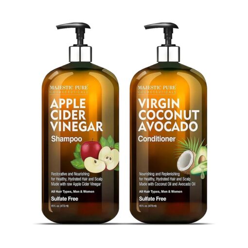 MAJESTIC PURE Apple Cider Vinegar Shampoo and Avocado Coconut Conditioner Set - Restores Shine & Reduces Itchy Scalp, Dandruff & Frizz - Sulfate Free, for All Hair Types, Men and Women - 2 x 16 fl oz