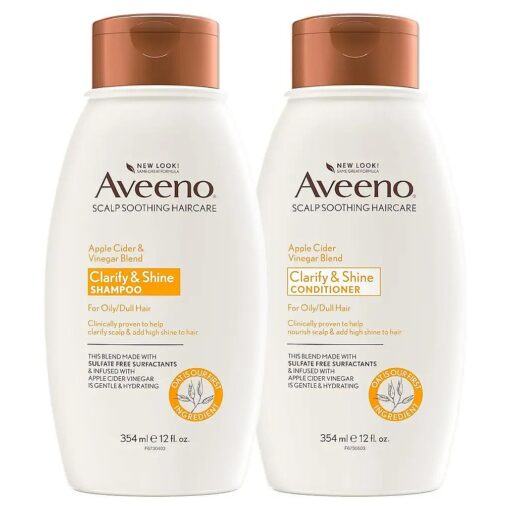 Aveeno Apple Cider Vinegar Shampoo + Conditioner for Balance & High Shine, Daily Clarifying & Soothing Scalp Shampoo for Oily or Dull Hair, Paraben & Dye-Free, 12 Fl Oz