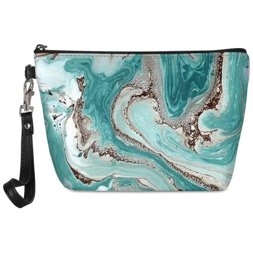 Aqua Teal Marble Print Makeup Bag Cosmetic Organizer Travel Storage Pouch Coin Purse Zip Pu Leather Toiletry Bag for Men Women