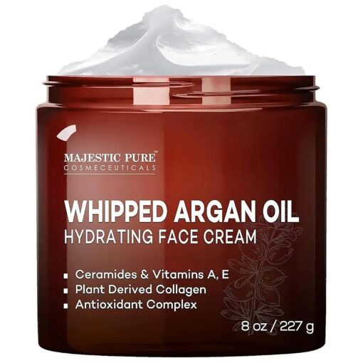 MAJESTIC PURE Whipped Argan Oil Moisturizer Face Cream for Women & Men - With Vitamin E A, Collagen & Ceramides - Hydrates Dry Skin, Oily Skin, Reduces Appearance of Fine Lines - 8oz