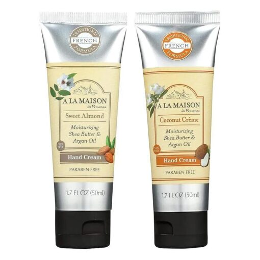 A LA MAISON Moisturizing Cream, Sweet Almond & Coconut Creme - Uses : Hand, Argan Oil, Pure Shea Butter, Essential Oils, Plant Based, Cruelty-Free, SLS and Paraben Free ( 1.7 Oz, 2 Pack )