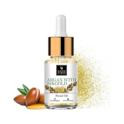 Good Vibes Argan With 24K Gold Facial Oil | Boosts Collagen & Elasticity | Antioxidant Rich Glowing With Anti Aging Properties For All Skin Types | No Parabens & Sulphates ( 10 ml/0.34 Fl Oz )