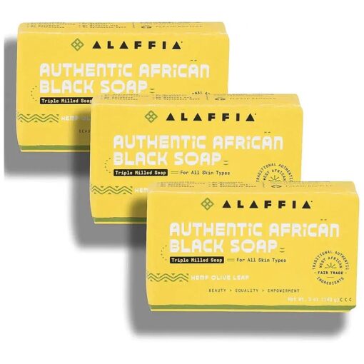 Alaffia Authentic African Black Soap Triple Milled, Long-Lasting and Ultra-Moisturizing Soap Bar, Hemp Olive Leaf 5 Oz ( Pack of 3 )