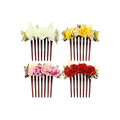 Cinaci 4 Pack Artificial Flower Plastic Hair Side Combs Slides Clips Rose Floral Wedding Bridal Headpieces Hairpins Barrettes Bun Chignon Hair Accessories for Women Flower Girls Brides Bridesmaids