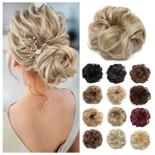 Benehair Messy Bun Hair Piece Scrunchy Updo Hair Pieces for Women Fluffy Wavy Hair Bun Scrunchies Donut Hairpiece Synthetic Chignons with Elastic Rubber Band Ash Blonde 1pc 25g