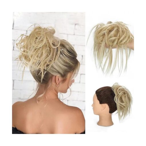 Lativ Messy Bun Hair Piece Scrunchie Extension Tousled Updo Wavy Curly Hairpieces Synthetic Chignon for Women Girls ( Ash Blonde Mix Bleach Blonde )