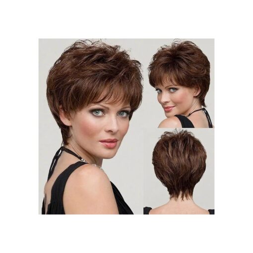 HAIRCUBE Human-hair Like Texture Short Brown Pixie Cut Wigs for Women with Bangs Synthetic Replacement Wigs