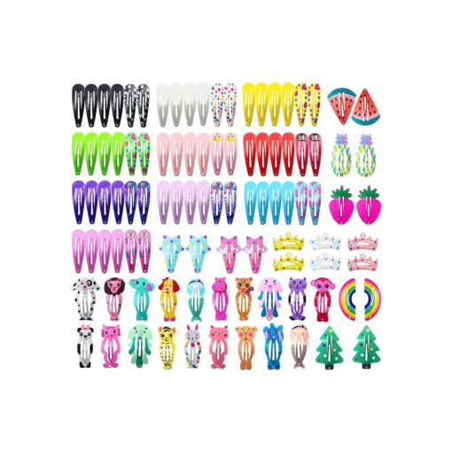 Funtopia Hair Clips for Girls,100 Pcs No Slip Metal Snap, Barrettes for Kids Teens Women, Cute Candy Color Cartoon Design Hair Pins ( Animals Fruits Crowns Stars )