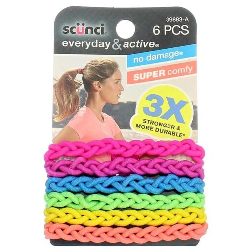 Scunci Everyday and Active Strand Elastics, Assorted Colors, 6-Pcs per Pack, 2-Packs Total