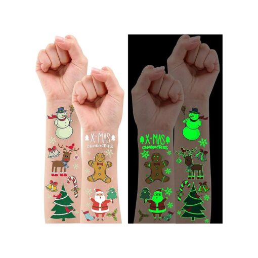 Partywind Luminous Christmas Temporary Tattoos for Party Decorations, Glow Christmas Stocking Stuffers for Kids Party Favors Supplies, Xmas Holiday Stickers Gifts for Kids Boys Girls - 4 Sheets