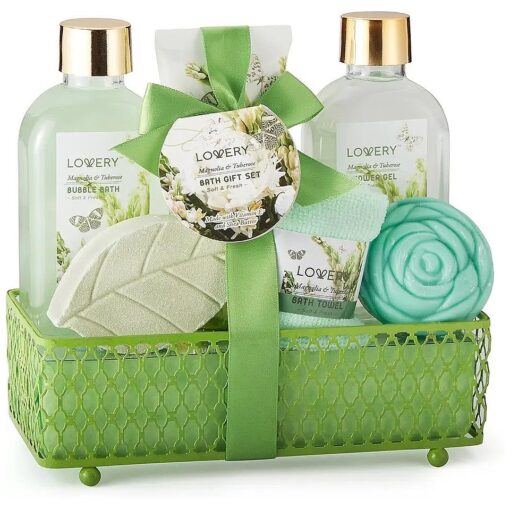 Fathers Day Gifts - Home Spa Gift Basket - Magnolia & Tuberose Scent, 7 Piece Bath & Body Set For Women and Men with Shower Gel, Bubble Bath, Body Lotion, Bath Soap, Bath Bomb, Bath Salt & Wired Basket