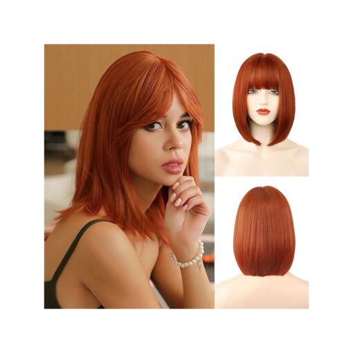 NAYOO Auburn Bob Wig with Bangs, 12 Inch Short Auburn Wig for Women, Cosplay Wig Easy to Wear, Straight Bob Wig for White Women, Synthetic Wig for Everyday, Party and Halloween ( Auburn )