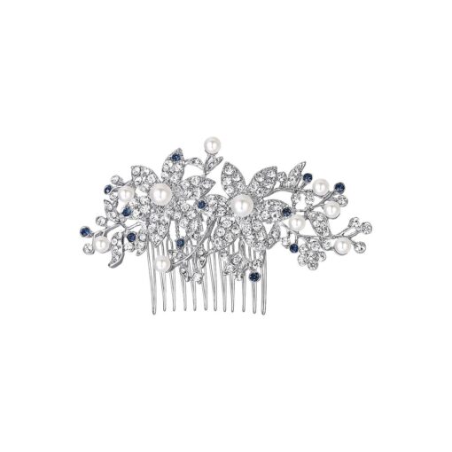 EVER FAITH Austrian Crystal Cream Simulated Pearl Graceful Redbud Flower Wedding Hair Comb for Bride, Bridesmaids Blue Silver-Tone