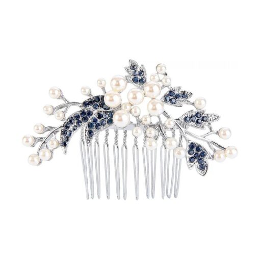 EVER FAITH Wedding Hair Accessories Austrian Crystal Simulated Pearl Floral Leaf Branch Bridal Hair Comb Blue for Bride Silver-Tone