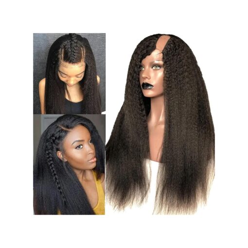 Brazilian Virgin Human Hair Lace U Part Wig Kinky Straight Natural Black Color Left U Part Half Wigs for African Americans Black Women Italian Yaki 150 % High Density 12inch