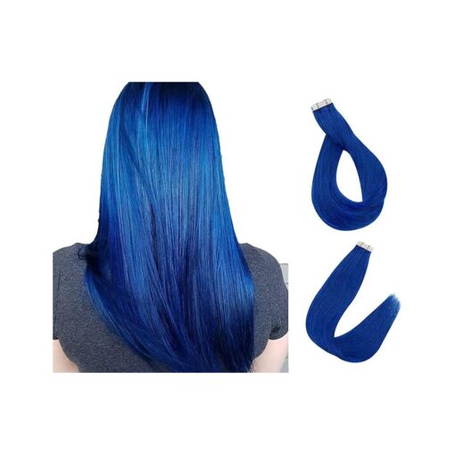 Jinyun Tape in Hair Extensions Blue Silky Straight Skin Weft 18 Inch 100 % Real Remy Tape Human Hair Extensions for Fashion Women 20 Pcs Per Set ( 18 Inch, Blue )