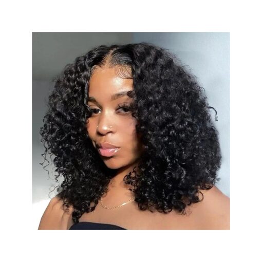 14 Inch Short Bob Wigs 13x4 Deep Wave Bob Wig Human Hair 180 % Density Deep Curly 100 % Virgin Human Hair Pre Plucked Wet and Wavy Glueless Transparent Lace Frontal Wig for Women Natural Hairline