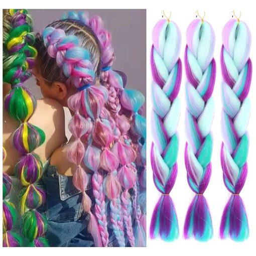 Jumbo Braiding Hair Fiber Mix Four Silky Colorful Twist Rainbow Colors Extensions Kanekalon Synthetic Blue-Light Purple-Pink Soft Healthy ( 24 Inch 3pcs )