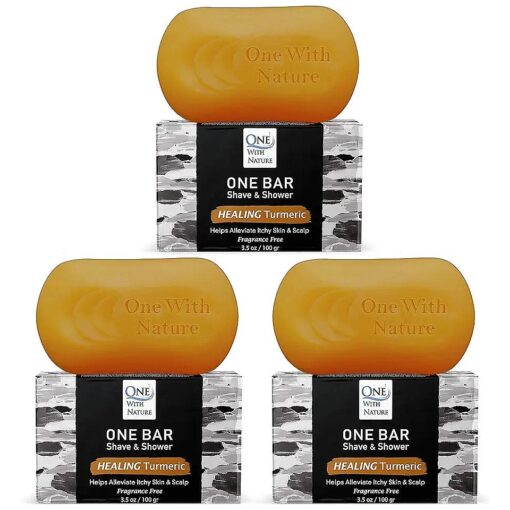 One With Nature Healing Turmeric Soap Bar 3Pack 3.5Oz - For Shave, Shower, Shampoo, Face, Beard, Body, Hair/Scalp, SuperFAT `` Oil" Infused : Avocado, Mango, Olive, Coconut, Argan Oil, Moisturizing