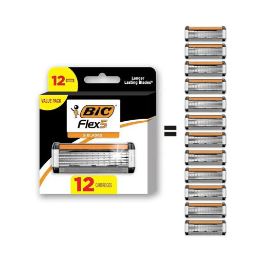 BIC Flex 5 Refillable Refill Razor Cartridges for Men, Long-Blade Razors for a Smooth and Comfortable Shave, 12 Refill Cartridges